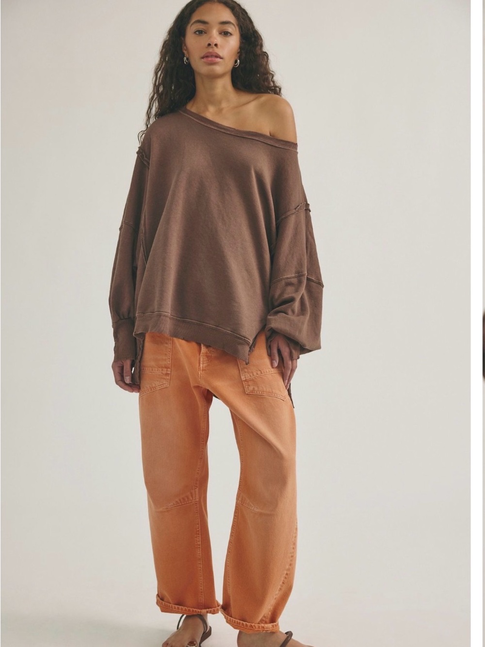 We The Free Brown Off-the-Shoulder Relaxed Knit Sweater - Picture 2 of 7